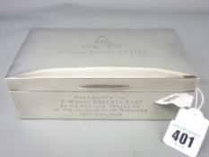 SILVER PRESENTATION CIGARETTE BOX, Birmingham 1929, maker Martin Hall and Co Ltd, 17cms L, the top