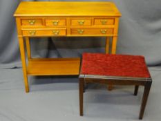 MODERN YEW WOOD SIX DRAWER HALL TABLE with under-tier shelf, 74.5cms H, 82.5cms W, 34.5cms D and