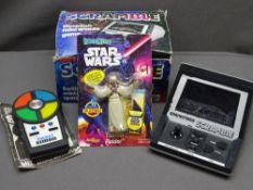 GRANDSTAND SCRAMBLE boxed video game, MB pocket Simon and bubble packed Bend-ems Star Wars figure '