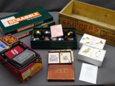NORWEGIAN 'SKIPPERS' WOODEN SHIPPING BOX and a quantity of board games, playing cards and carpet
