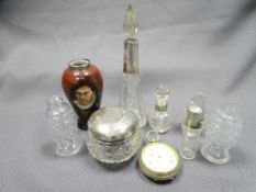SILVER TOPPED DRESSING TABLE ITEMS, a white metal pocket watch ETC