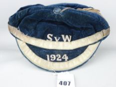 RUGBY, FOOTBALL HONOURS/SCHOOLS CAP, blue velvet with bullion tassel and embroidery 'SvW 1924'
