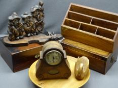 TREEN ITEMS including a letter rack, work box, mantel clock ETC