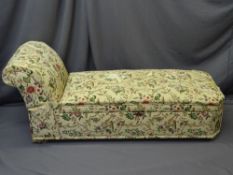 UPHOLSTERED BLANKET BOX CHAISE LONGUE, 67cms H, 160cms L, 62.5cms D (repairs required to