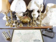 BRASS CANDLE HOLDERS, brass school type bells, onyx and other table lamps and a framed map of