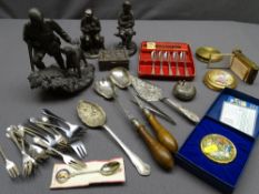 COMPOSITE FIGURES of a gentleman hunting and two others, mixed metalware, compacts ETC (a parcel)