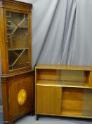 GLAZED TOP CORNER DISPLAY with Sheraton style inlay and a glass and cupboard fronted teak cabinet,