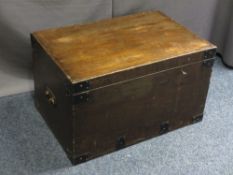 METAL BOUND HARDWOOD SILVER CHEST, baize lined interior and metal carry handles, 45.5cms H, 76cms W,