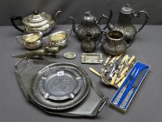 PEWTER TEA SERVICE, trays, EPNS three piece tea service, peacocks ETC