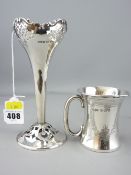 SILVER WAISTED FORM CHRISTENING TANKARD and a trumpet style bud vase with pierce decoration,
