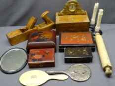 QUANTITY OF WOODEN BOXES, a pair of Japanese Meiji period ivory candlesticks (damaged) and a