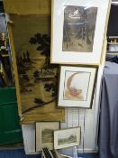 ORIENTAL WALL TAPESTRY ON FABRIC, an assortment of hunting and coaching engravings and other