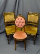 PAIR OF EDWARDIAN OAK SALON CHAIRS and a 20th century button back French style example