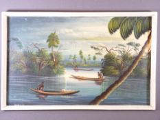 DAVINCY oil on canvas - native figures in canoes, dated '82, 47 x 76cms