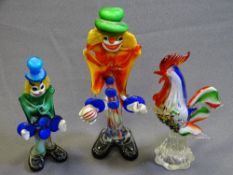 TWO MURANO GLASS CLOWNS and a similar cockerel