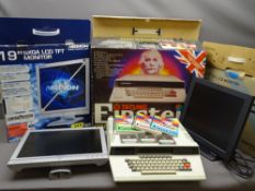 TATUNG EINSTEIN MICRO COMPUTER, boxed, and two flat screen monitors