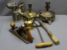 BRASS VINTAGE BLOW LAMPS, Veritas stove, wooden carpenter's plane ETC