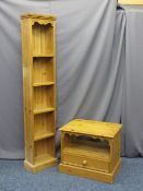 TWO ITEMS OF MODERN PINE FURNITURE to include a single drawer entertainment stand and a tall slim