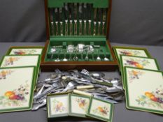 SHEFFIELD PART CANTEEN in a wooden box, other loose cutlery and clover leaf boxed table mats