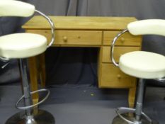 MODERN PINE EFFECT DESK and two chrome based bar stools, various measurements