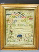 NEEDLEWORK SAMPLER walnut framed with colourful animals, figures, trees and house, alphabetical