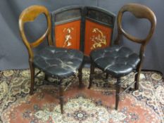 TWO VICTORIAN BALLOON BACK CHAIRS, a two-fold screen and vintage style pink rug, various