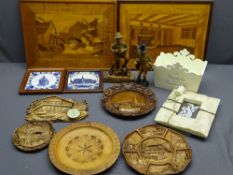 BLACK FOREST TYPE FIGURES of a musician and a gentleman hunting, other carvings, continental tiles