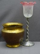 ART DECO STYLE CHROME TWIST COLUMN TABLE LAMP with etched shade and a brass planter