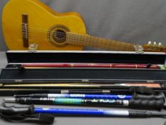ROSE - MORRIS CONSTANTA CLASSIC ACOUSTIC GUITAR, two cased snooker cues and walking sticks
