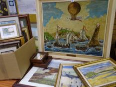UNSIGNED oil on board - entitled 'The First Channel Crossing by Air 1785', 63 x 75cms, other oils,