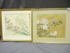 ORIENTAL PAINTINGS ON SILK, a pair, depicting birds among blossom having written character detail