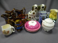 PAIR OF STAFFORDSHIRE DOGS, a pair, copper lustre jugs, trio, and other china items