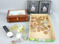 THREE MODERN POCKET WATCHES, a quantity of current coinage, costume jewellery and a modern lidded