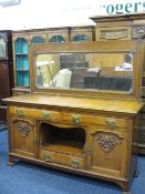 ARTS & CRAFTS STYLE SIDEBOARD BASE with associated mirror back and dog kennel base centre,