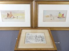 R BECKETT watercolour - a pair of continental maritime scenes, 12 x 25cms and 'Attentato' historical