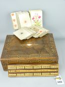 VICTORIAN MARQUETRY INLAID WALNUT GAMES BOX, the interior with inlaid cribbage board and three