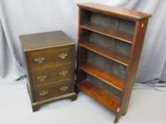 NEAT OAK VINTAGE THREE DRAWER CHEST, 71cms H, 47cms W, 38.5cms D with shaped brass back plates and