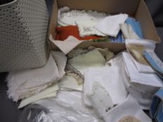 COLLECTION OF VINTAGE TABLE & HOUSEHOLD LINEN and two baskets