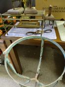 BRASS KETTLE STAND, French style wrought iron wash stand, vintage flat irons, a bronze plaque of a