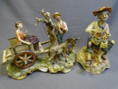 CAPODIMONTE FIGURES - typical gentleman with bottle in hand and donkey and fruit pickers scene