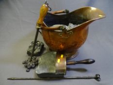 COPPER HELMET COAL SCUTTLE, fire irons ETC