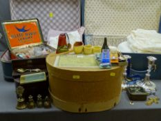 VINTAGE SUITCASES with linen contents, haberdashery items, hat box with collectables ETC