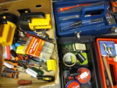 HAND TOOLS, TORCHES, fixings and sundry goods, a good quantity in two carry cases and two boxes