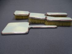 ENAMEL & SILVER BACKED DRESSING TABLE, five piece hand mirror and brush set