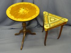 TWO REPRODUCTION ITALIAN INLAID SIDE TABLES, one having lift-up lid with music box, 60 and 43cms