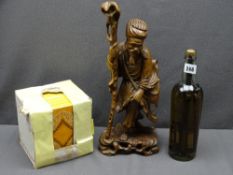 MID-CENTURY TYPE TILES, pickled model tools in a bottle and a carved oriental hardwood figurine of a