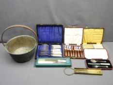 OLD BRASS PAN WITH IRON HANDLE and a quantity of cased cutlery ETC