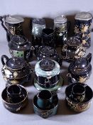 VICTORIAN JACKFIELD TYPE TEAPOTS & JUGS, a collection, all having painted and gilt decoration