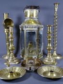 ANTIQUE BRASS LIGHTING - a collection in varying forms including a carriage style lamp, 40cms H, a