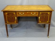EDWARDIAN TOOLED LEATHER TOP KNEE HOLE DESK with garland inlay, 80cms H, 122cms W, 54cms D
